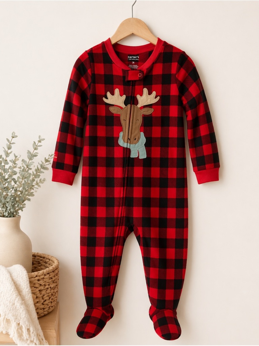 Carter’s 3T Buffalo Plaid‎ Moose Footie Pajamas Red Black Fleece Christmas Sleep